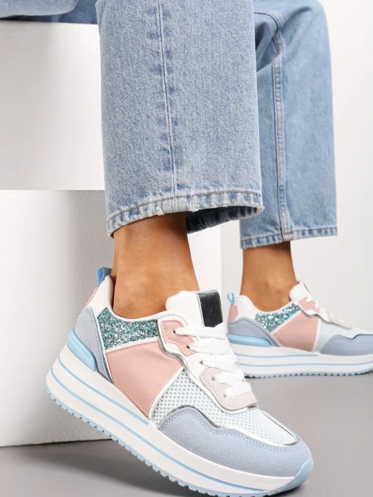 Zdjęcie produktu Niebieskie Sneakersy na Niskiej Platformie ze Wstawkami z Brokatu Quinnes