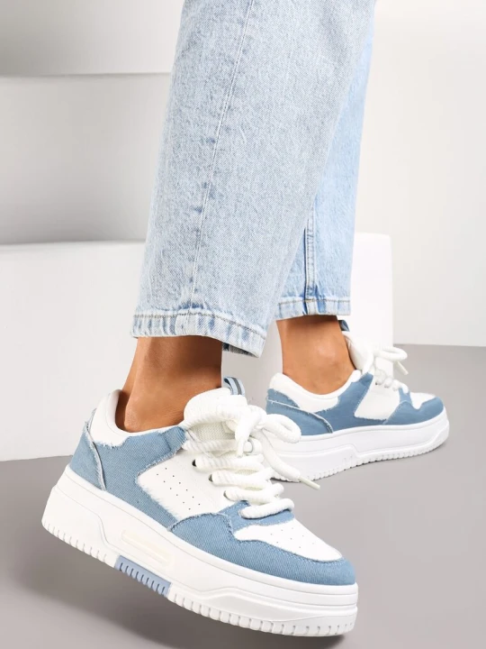 Zdjęcie produktu Biało-Niebieskie Sneakersy na Platformie Wiązane na Szerokie Sznurowadła Viletra