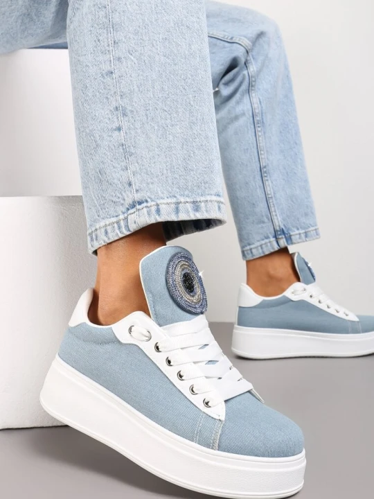Zdjęcie produktu Niebieskie Sneakersy na Platformie z Cyrkoniami na Szerokim Języku Esirel