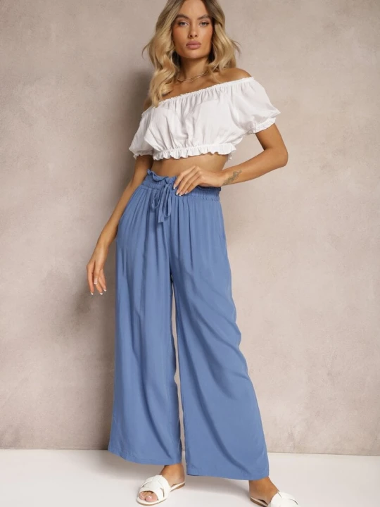 Zdjęcie produktu Niebieskie Spodnie Palazzo High Waist z Bawełny Wykończone Gumką w Talii Nellsea Airisa