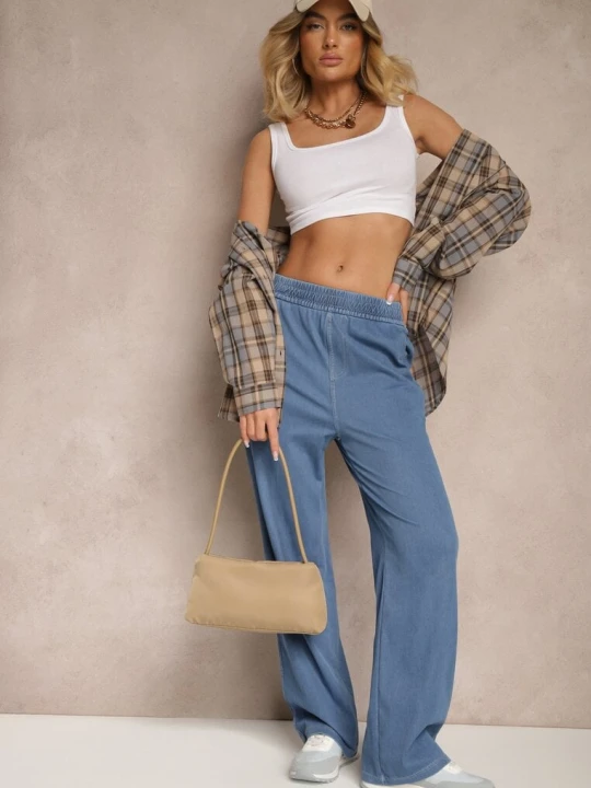 Zdjęcie produktu Niebieskie Spodnie Szerokie z Bawełną i Wiskozą High Waist z Imitacji Jeansu Heldexia