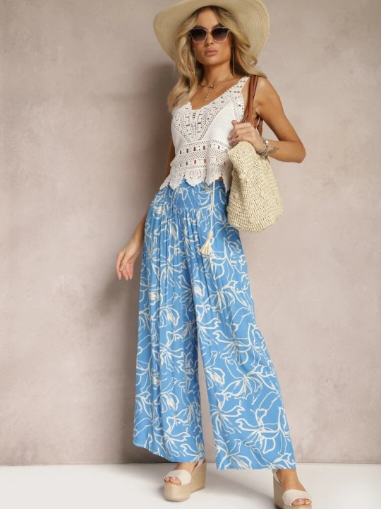 Zdjęcie produktu Niebieskie Spodnie Szerokie z Wiskozy High Waist w Kwiatowy Print Tepolla J.stars