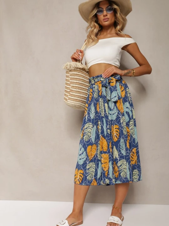 Zdjęcie produktu Niebiesko-Żółte Spodnie Szwedy z Bawełną High Waist Wykończone Gumką w Talii Pasefia Airisa