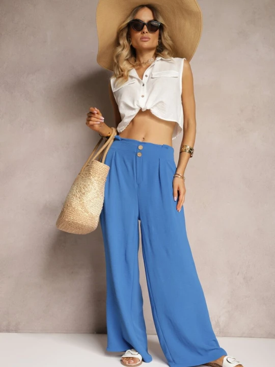 Zdjęcie produktu Niebieskie Spodnie w Stylu Alladynek High Waist Wykończone Gumką w Pasie Riselma R&f Fashion