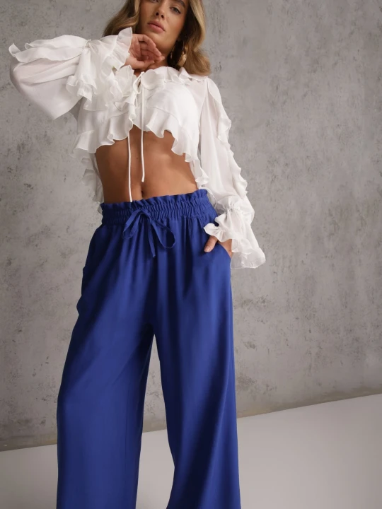 Zdjęcie produktu Granatowe Spodnie z Bawełny Typu Palazzo High Waist z Gumką w Talii Nelsaria Airisa Niebieski