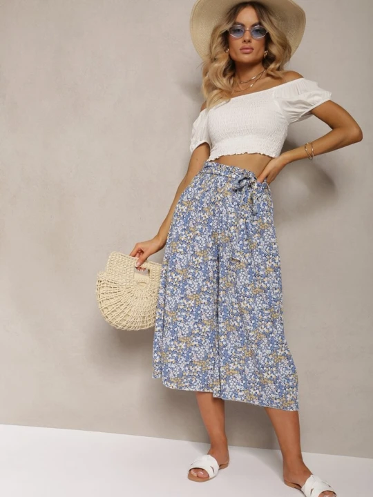 Zdjęcie produktu Niebieskie Spodnie z Szerokimi Nogawkami High Waist z Bawełną Paskiem i Gumką w Talii Drosofia Airisa