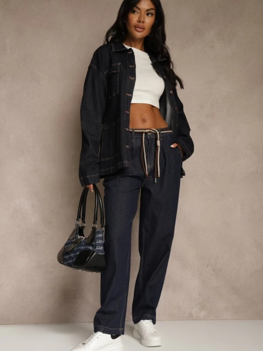 Zdjęcie produktu Niebieskie Szerokie Jeansy z Bawełny High Waist Ozdobione Sznurkiem Landa Milas91