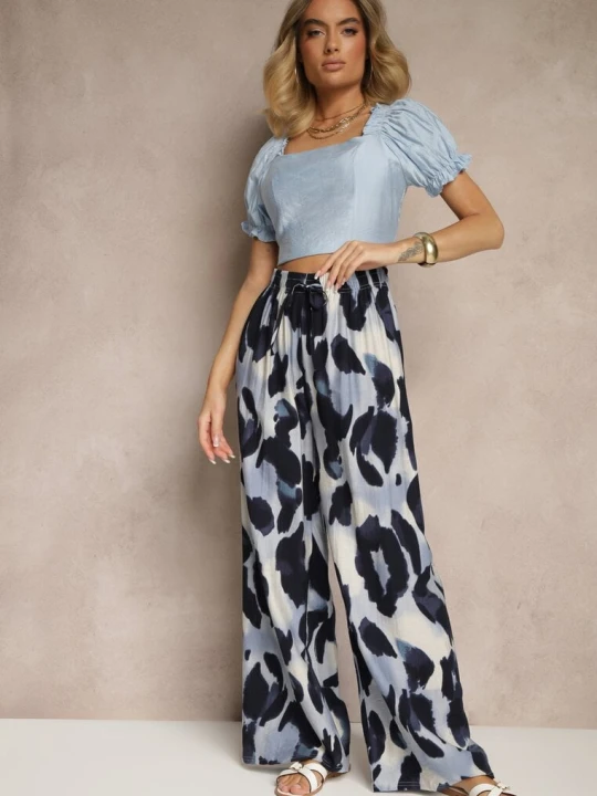 Zdjęcie produktu Niebieskie Szerokie Spodnie High Waist z Wiskozą w Panterkowy Wzór Zeviera J&x