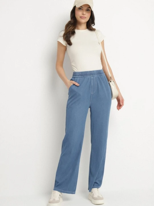 Zdjęcie produktu Niebieskie Szerokie Spodnie z Wiskozą Bawełną Wysokim Stanem Imitujące Jeans Caldexis