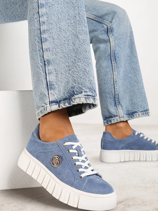 Zdjęcie produktu Niebieskie Sznurowane Sneakersy Vices na Platformie z Tłoczeniem i Metaliczną Aplikacją Lavfedi