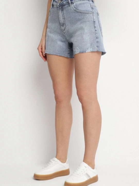 Zdjęcie produktu Niebieskie Szorty Jeansowe z Wysokim Stanem Zdobione Cyrkoniami Uladora Hello Miss