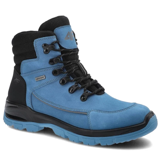 Zdjęcie produktu Trekkingi unisex 4F, skóra naturalna nubuk z tekstylnymi wstawkami sznurowanie z metalowymi haczykami oraz gruba amortyzowana podeszwa, niebiesko-cza