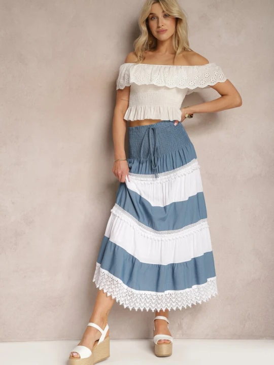 Zdjęcie produktu Niebiesko-Biała Spódnica z Bawełny w Stylu Boho z Gumką i Sznurkiem w Talii Uvinia J&x