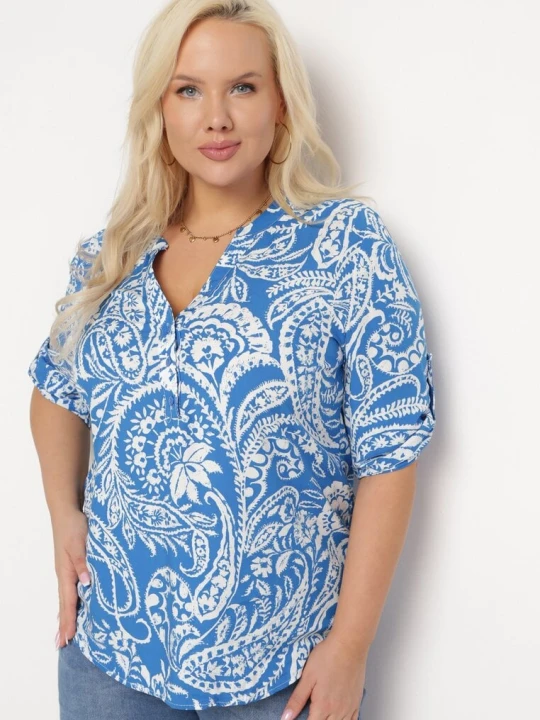 Zdjęcie produktu Niebiesko-Biała Wiskozowa Bluzka o Luźnym Kroju z Guzikami w Print Paisley Zirlana