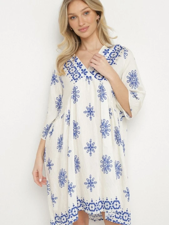 Zdjęcie produktu Niebiesko-Kremowa Sukienka w Stylu Boho z Wiskozą Davivara Rosa