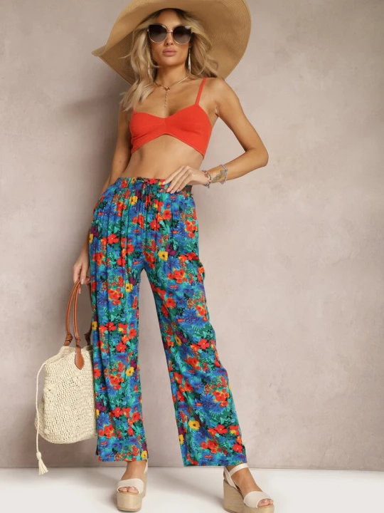 Zdjęcie produktu Niebiesko-Pomarańczowe Wiskozowe Spodnie z Prostą Nogawką High Waist w Kwiatowy Wzór Zaranima J.stars