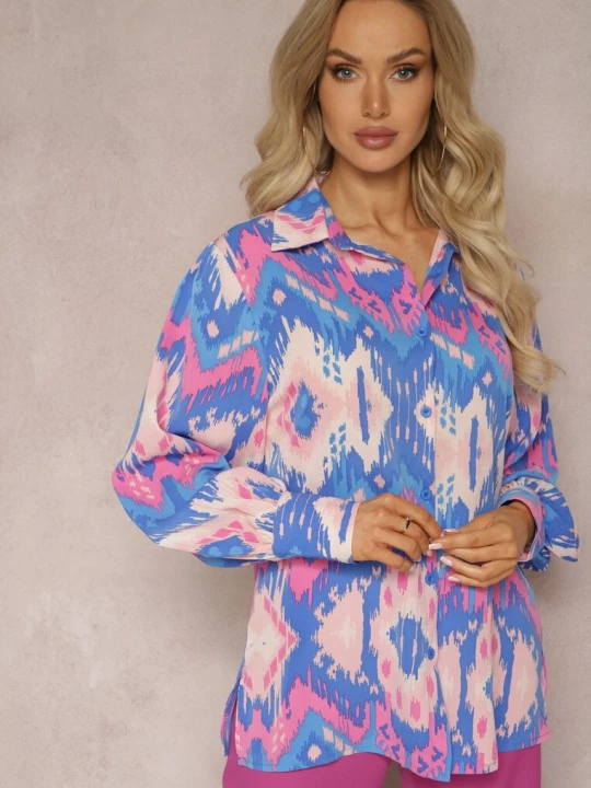 Zdjęcie produktu Niebiesko-Różowa Luźna Koszula ze Wzorem Etno i Bufiastymi Rękawami Kaelith Unigirl