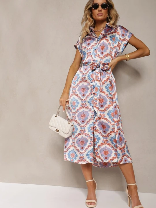 Zdjęcie produktu Niebiesko-Różowa Rozkloszowana Sukienka Boho z Wiskozą o Koszulowym Kroju Ozdobiona Paskiem Josofia Unigirl