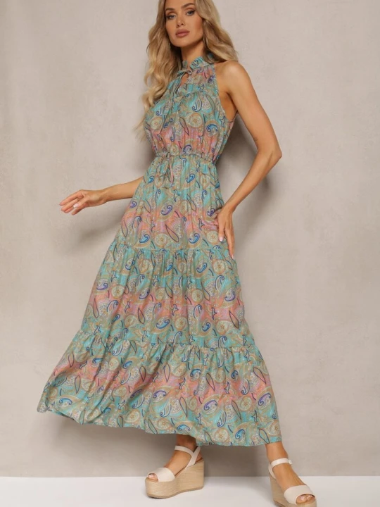 Zdjęcie produktu Niebiesko-Zielona Sukienka w Stylu Boho Bez Rękawów z Gumką w Pasie i Wiązaniem przy Dekolcie Yisa Sweet&girl