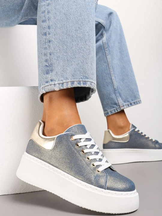 Zdjęcie produktu Niebiesko-Złote Sneakersy na Grubej Platformie z Cholewką przed Kostkę Nucaria