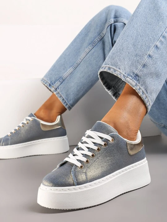 Zdjęcie produktu Niebiesko-Złote Sneakersy na Grubej Podeszwie przed Kostkę z Metaliczną Wstawką Morabell