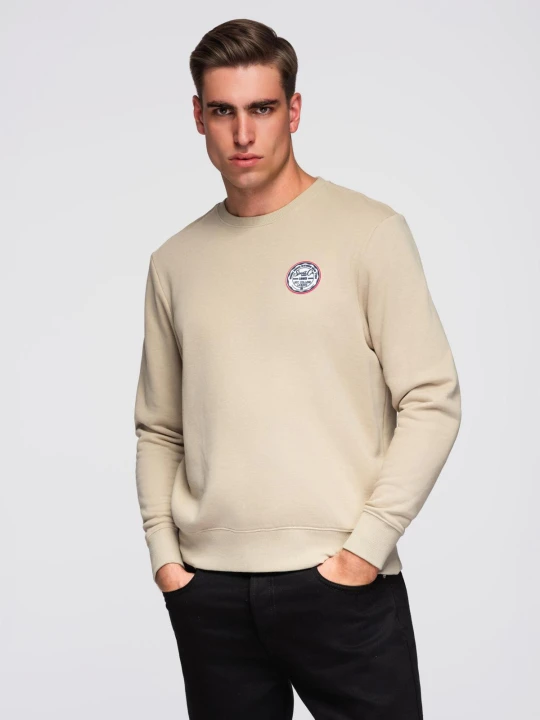 Zdjęcie produktu Nierozpinana dresowa bluza męska z naszywką - beżowa V3 - Rozmiar: S Ombre Clothing