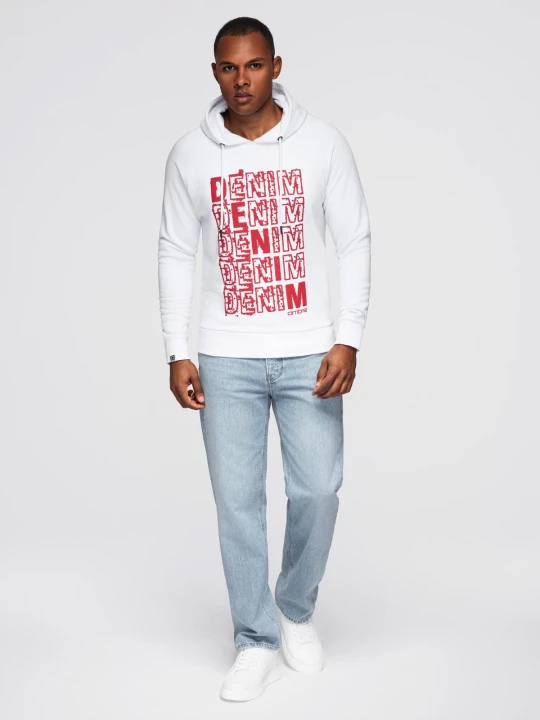 Zdjęcie produktu Nierozpinana męska bluza kangurka z kapturem i nadrukiem - biała V3 Ombre Clothing