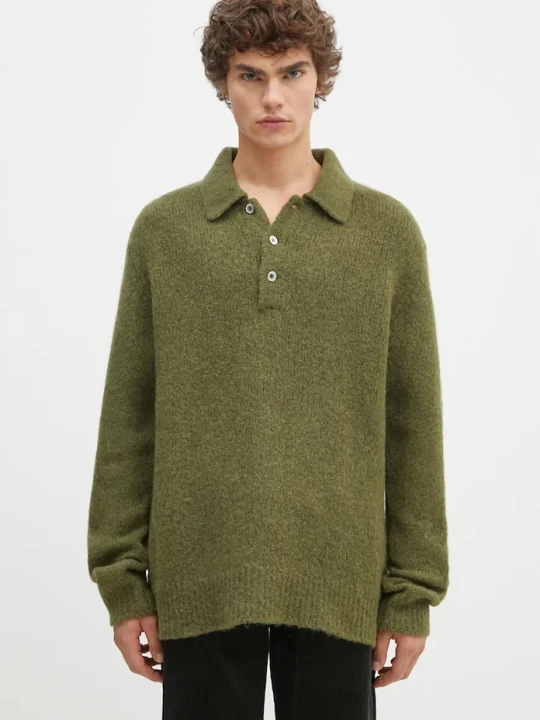 Zdjęcie produktu Norse Projects sweter wełniany Rasmus Relaxed Brushed Polo zielony