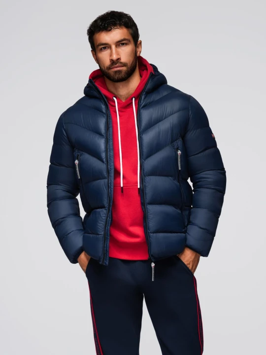 Zdjęcie produktu Nowoczesna męska pikowana kurtka z łączonych materiałów – granatowa V2 - Rozmiar: M Ombre Clothing