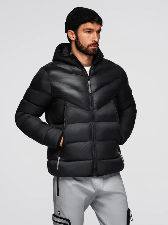 Zdjęcie produktu Nowoczesna pikowana kurtka męska z łączonych materiałów – czarna V1 - Rozmiar: XXL Ombre Clothing