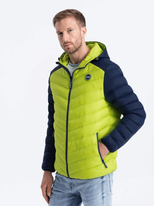 Zdjęcie produktu Nylonowa dwukolorowa pikowana kurtka męska w stylu sportowym – limonkowa V4 Ombre Clothing limonkowy