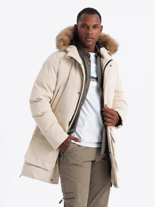 Zdjęcie produktu Ocieplana długa męska kurtka parka z rozpinanym dołem – kremowa V1 - Rozmiar: XL Ombre Clothing kremowy