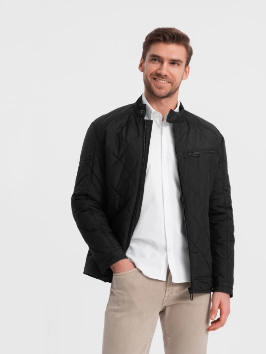 Zdjęcie produktu Ocieplana kurtka męska BIKER pikowana we wzór karo - czarna V1 - Rozmiar: XXL Ombre Clothing
