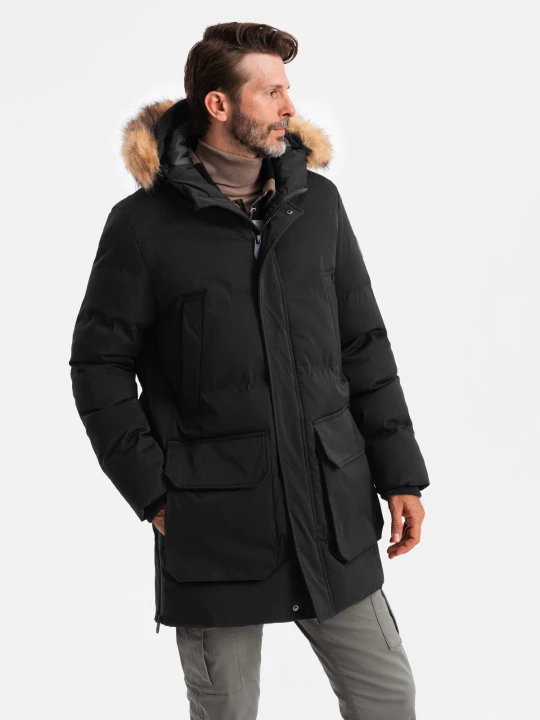 Zdjęcie produktu Ocieplana męska długa kurtka parka z rozpinanym dołem – czarna V3 Ombre Clothing