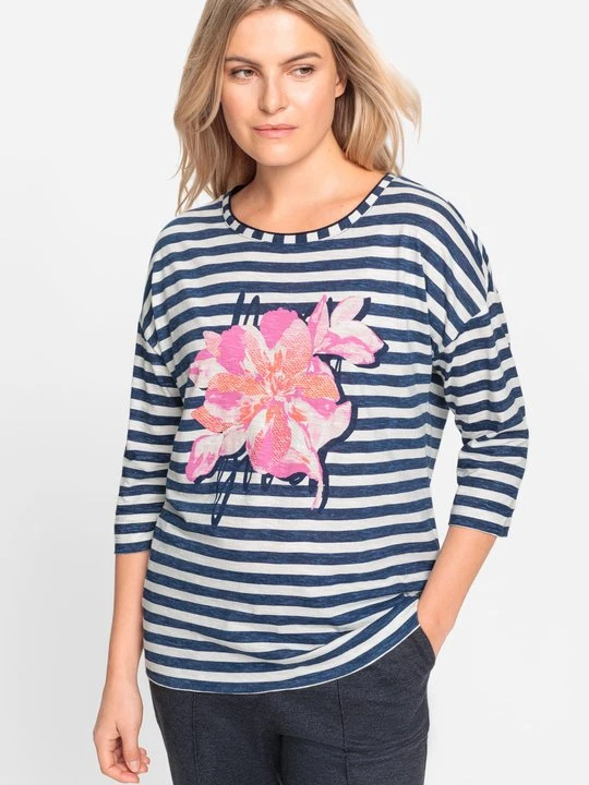 Zdjęcie produktu ORGANIC COTTON Granatowa bawełniana bluzka damska Cosima w paski z kwiatowym wzorem – Back in Bloom Olsen