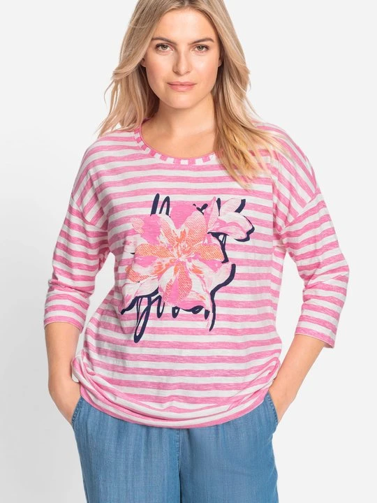 Zdjęcie produktu ORGANIC COTTON Różowa bawełniana bluzka damska Cosima w paski z kwiatowym wzorem – Back in Bloom Olsen