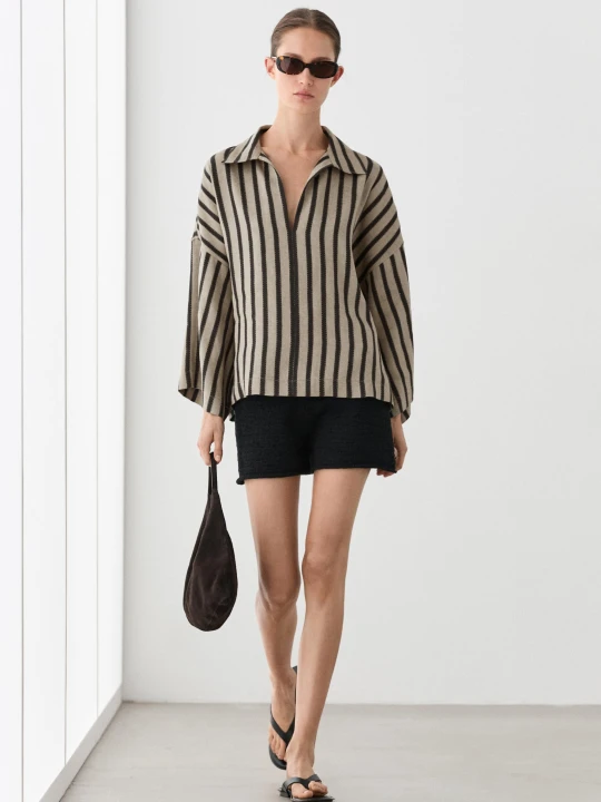 Zdjęcie produktu Oversize'owa Bluzka W Paski Z Mieszanki Lnu - Piaskowy - Massimo Dutti - Female