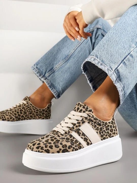 Zdjęcie produktu Panterkowe Sneakersy Klasyczne Tenisówki na Grubej Podeszwie z Koturnem Adessia Ideal Panterkowy