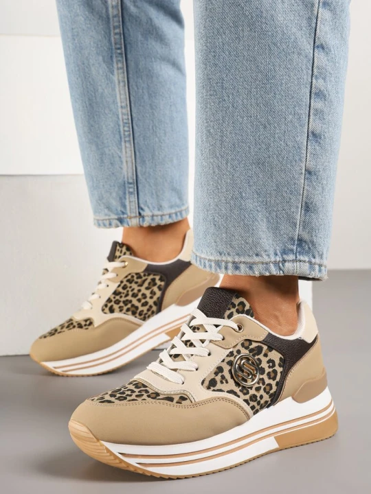 Zdjęcie produktu Panterkowe Sneakersy na Platformie z Metaliczną Ozdobą Roniane Panterkowy