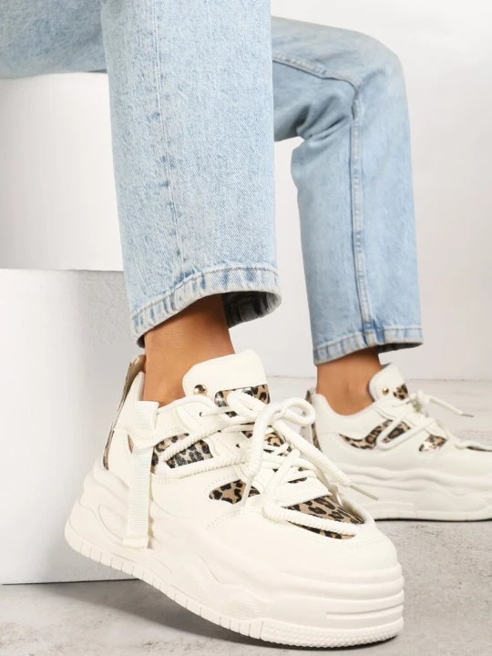 Zdjęcie produktu Beżowo-Panterkowe Sneakersy w Streetwearowym Stylu na Tłoczonej Platformie z Brokatem Mailienne Ideal