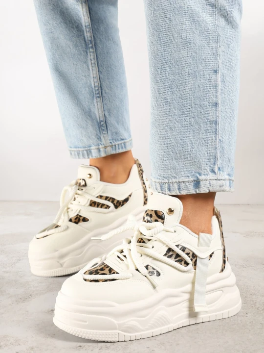 Zdjęcie produktu Beżowo-Panterkowe Streetwearowe Sneakersy na Platformie z Brokatem i Aplikacjami Maivessa Ideal