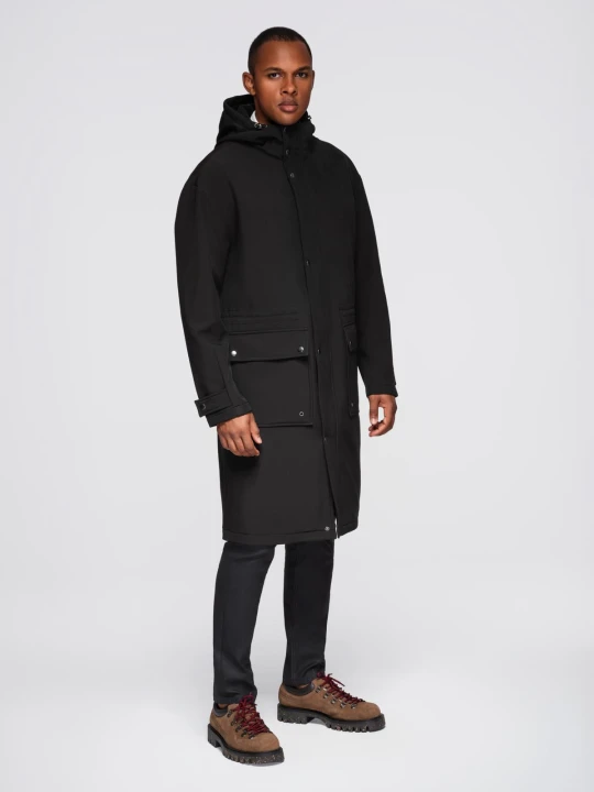 Zdjęcie produktu Parka męska płaszcz z podszewką polarową i regulacją w talii – czarna V2 - Rozmiar: L Ombre Clothing