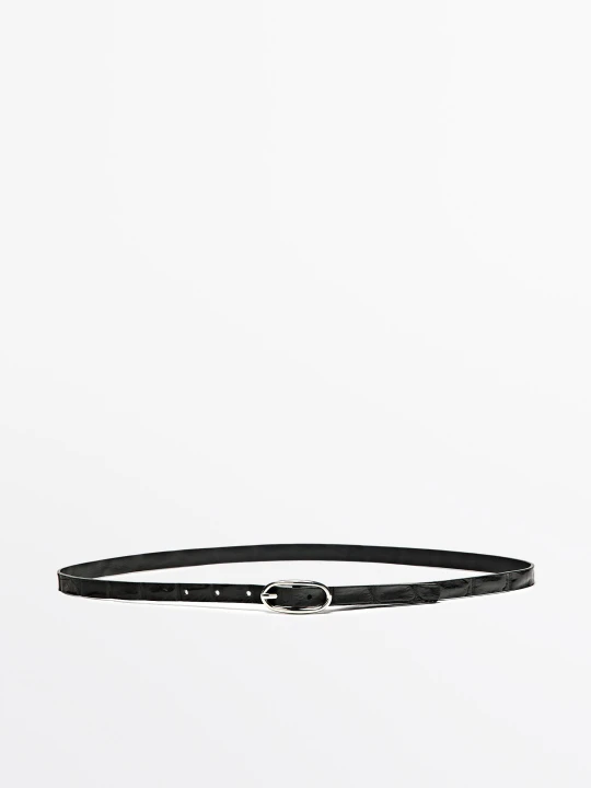 Zdjęcie produktu Pasek, Skóra, Owalna Sprzączka, Faktura - Czarny - L / 90cm - Massimo Dutti - Female