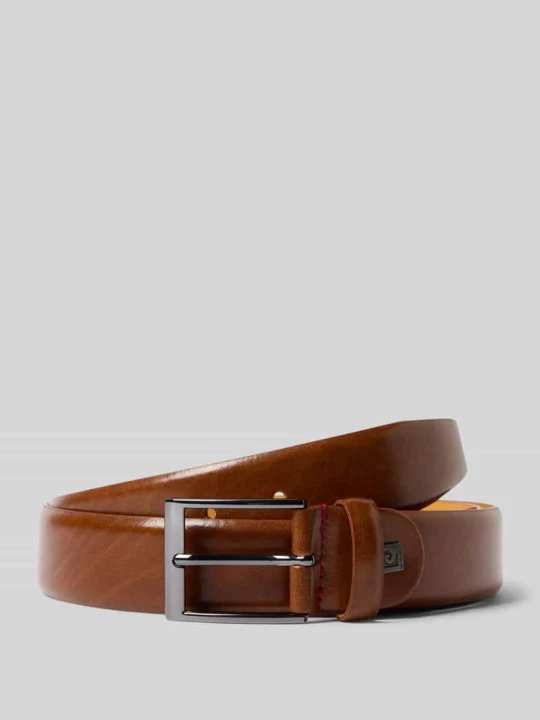 Zdjęcie produktu Pasek skórzany ze sprzączką z chromowanym efektem Pierre Cardin Koniakowy