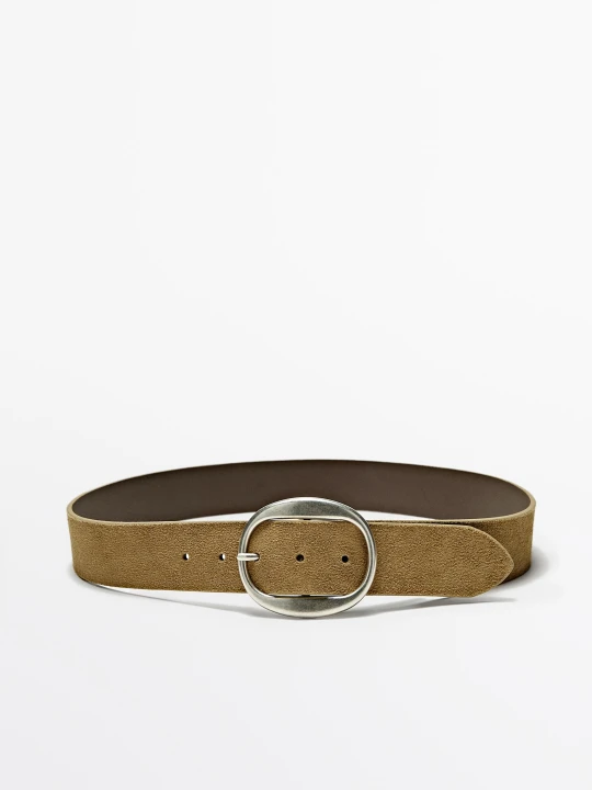 Zdjęcie produktu Pasek Z Zamszowej Skóry Z Owalną Sprzączką - Piaskowy - M / 85cm - Massimo Dutti - Female
