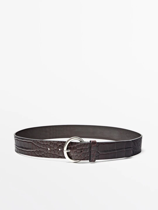 Zdjęcie produktu Pasek Ze Skóry Bydlęcej Z Okrągłą Sprzączką I Wzorem Krokodyla - Brązowy - L / 90cm - Massimo Dutti - Female