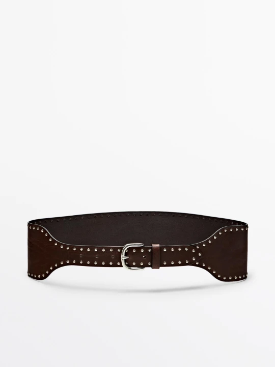 Zdjęcie produktu Pasek Ze Skóry Nappa Z Nitami - Brązowy - Massimo Dutti - Female