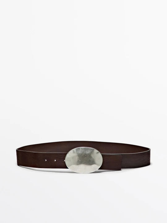 Zdjęcie produktu Pasek Ze Skóry Nappa Z Owalną, Teksturowaną Sprzączką - Brązowy - M / 85cm - Massimo Dutti - Female