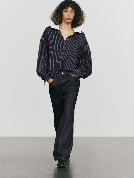 Zdjęcie produktu Pasiasta Koszula Z Kontrastowym Kołnierzykiem - Granatowy - Massimo Dutti - Female