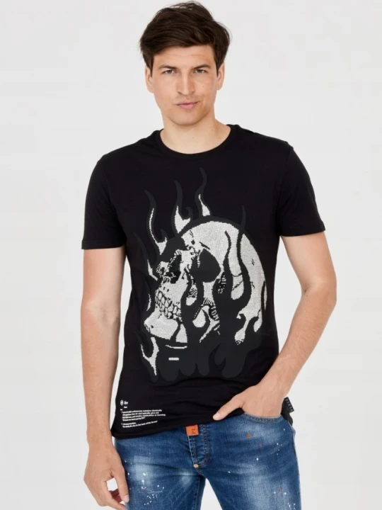 Zdjęcie produktu PHILIPP PLEIN Męski t-shirt z czaszką w płomieniach, Rozmiar L Czarny